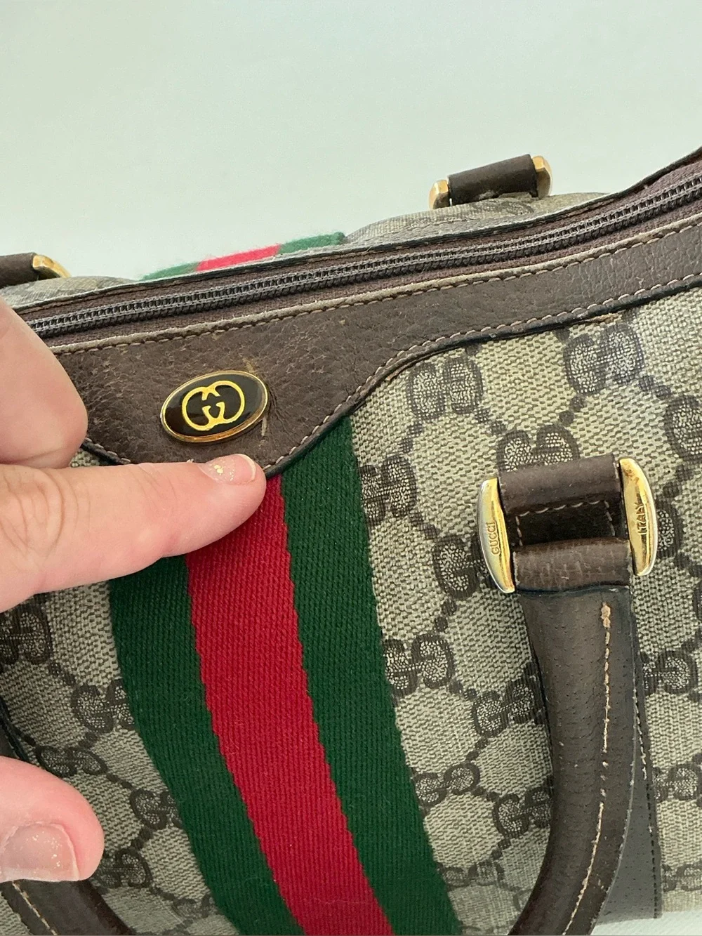 Gucci Vintage GG Supreme Boston Bag Web Stripe Satchel Brown Monogram - Picture 9 of 16
